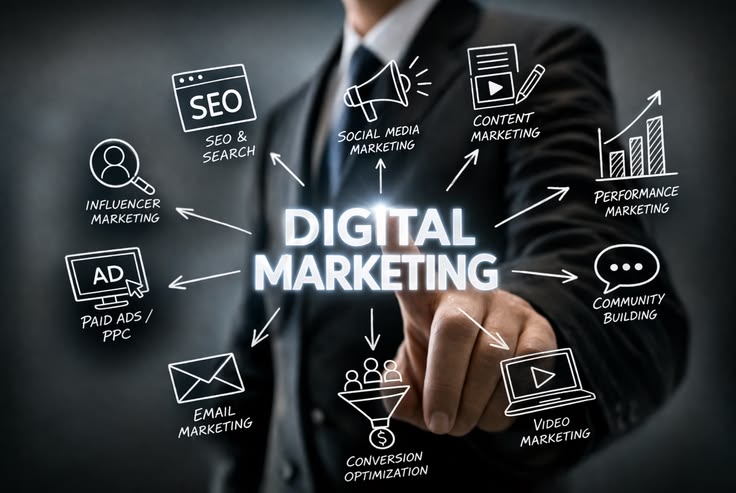 Digital marketing concept showing SEO, social media, content marketing, paid ads, email marketing and conversion optimization
