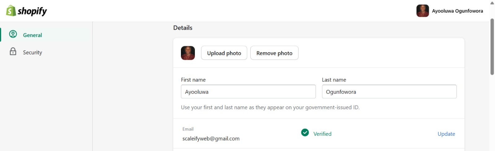 Shopify Partner account details showing verified partner status